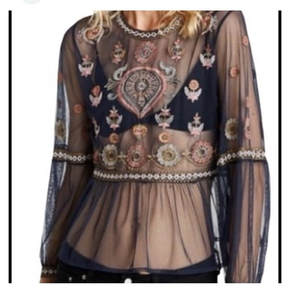 Zara Embroidered Navy‎ Blue Thread Fishnet Top Silver Size Large New
